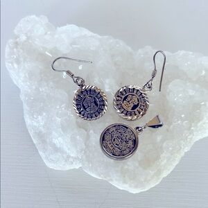 Mexican Silver Coin Earrings and Pendant Set